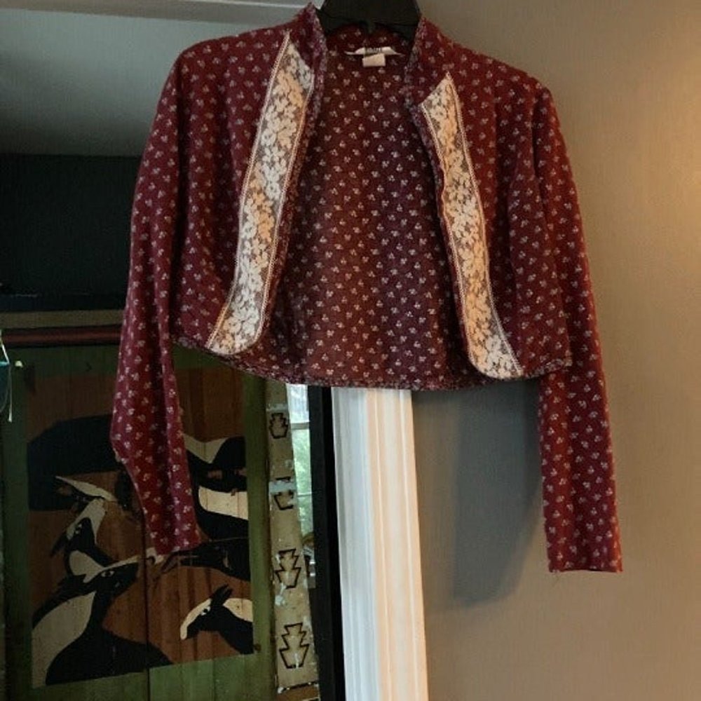 Vintage 70s burgundy calico floral lace jacket - S